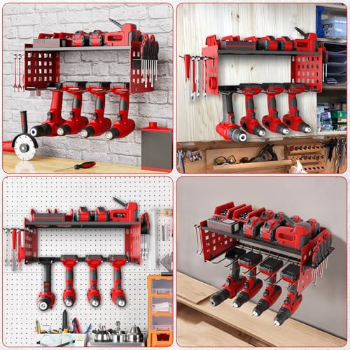 Yeabett 2 Layer Power Tool Organizer Storage Rack, Tool Shelving for 4 Drill Holders, Heavy Duty Wall Mounted Rack for Garage, Home, Workshop (Red) 7 Yeabett 2 Layer Power Tool Organizer Storage Rack, Tool Shelving for 4 Drill Holders, Heavy Duty Wall Mounted Rack for Garage, Home, Workshop (Red) - Image 7