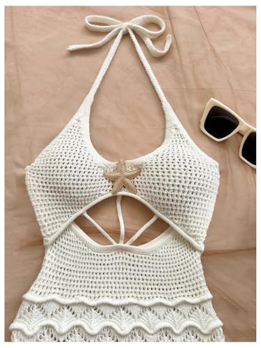 Image of GORGLITTER Women's Vacation Outfit Crochet Halter Knit Bubble Mini Dress Sexy Beach Cruise Summer Miami Resort Outfits