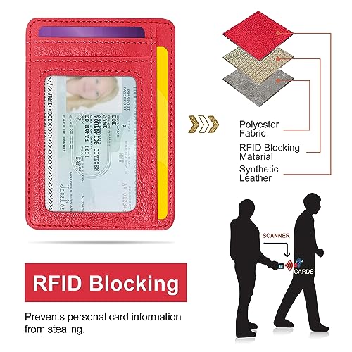 Image of CONISY Slim Credit Card Holder for Women, Thin Front Pocket Leather Mini Wallet with RFID Blocking (Red)