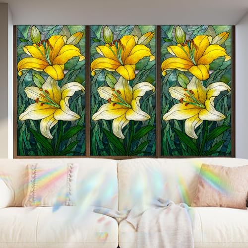 Image of Nuxovilar Gothic Rainbow Yellow Flower Pattern Window Film 17.5x39.3 PVC | Yellow Flowers, Gothic Decal fresh floral sticker, rainbow glass wrap for bedroom living room home (Yellow Floral)