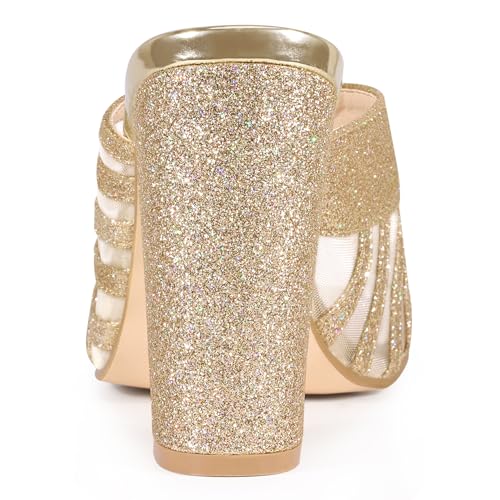 Allegra K Allegra K Women's Glitter Mesh Slip on Chunky Heel Slide Gold Sandals 7.5 M US