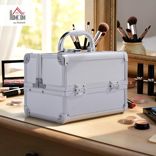 HOMCOM Maletín Maquillaje Profesional Estuche de Cosmético Portátil con Bandejas de 3 Niveles y Espejo 2 Llaves para Joyero Manicura Viaje 20x15x15 cm Plateado - imagen 2