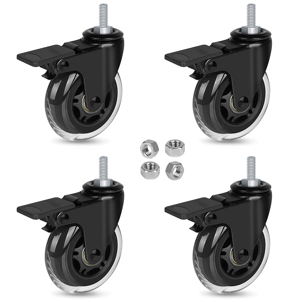 Hirate 3" Swivel Caster 5/16"-18UNC Threaded Stem with Brake Set of 4 Lockable Casters for Furniture Industrial Trolley Carts(Include Hex Nuts)