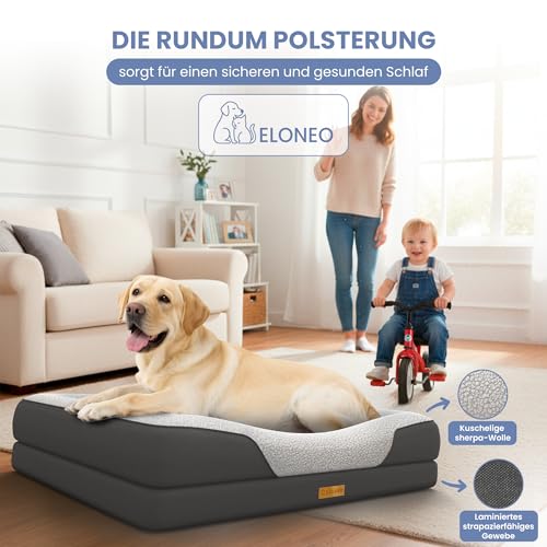 ELONEO orthopädisches Hundebett Grosse Hunde - 106x76x19cm, Hundekorb mit Memory Foam, Hundematte wasserdicht und waschbar, Hundekissen, Hundematratze mit weicher Polsterung, grau
