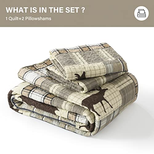 Sahsahcasa Quilt King Size, 100% Cotton Quilt, Rustic Lodge Farmhouse King Quilt Bedding Set Bedspread, Reversible Lightweight Cabin Patchwork Plaid Comforter For King Bed, Brown/Cream, 3-Piece #TOP5