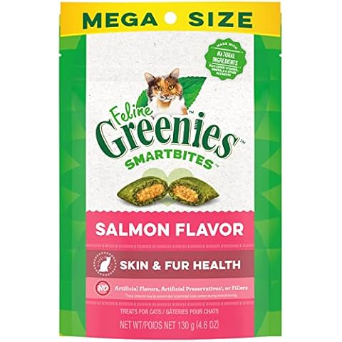 FELINE GREENIES SMARTBITES Skin & Fur Health Crunchy and Soft Natural Cat Treats, Salmon Flavor, 4.6 oz. Pack Cover