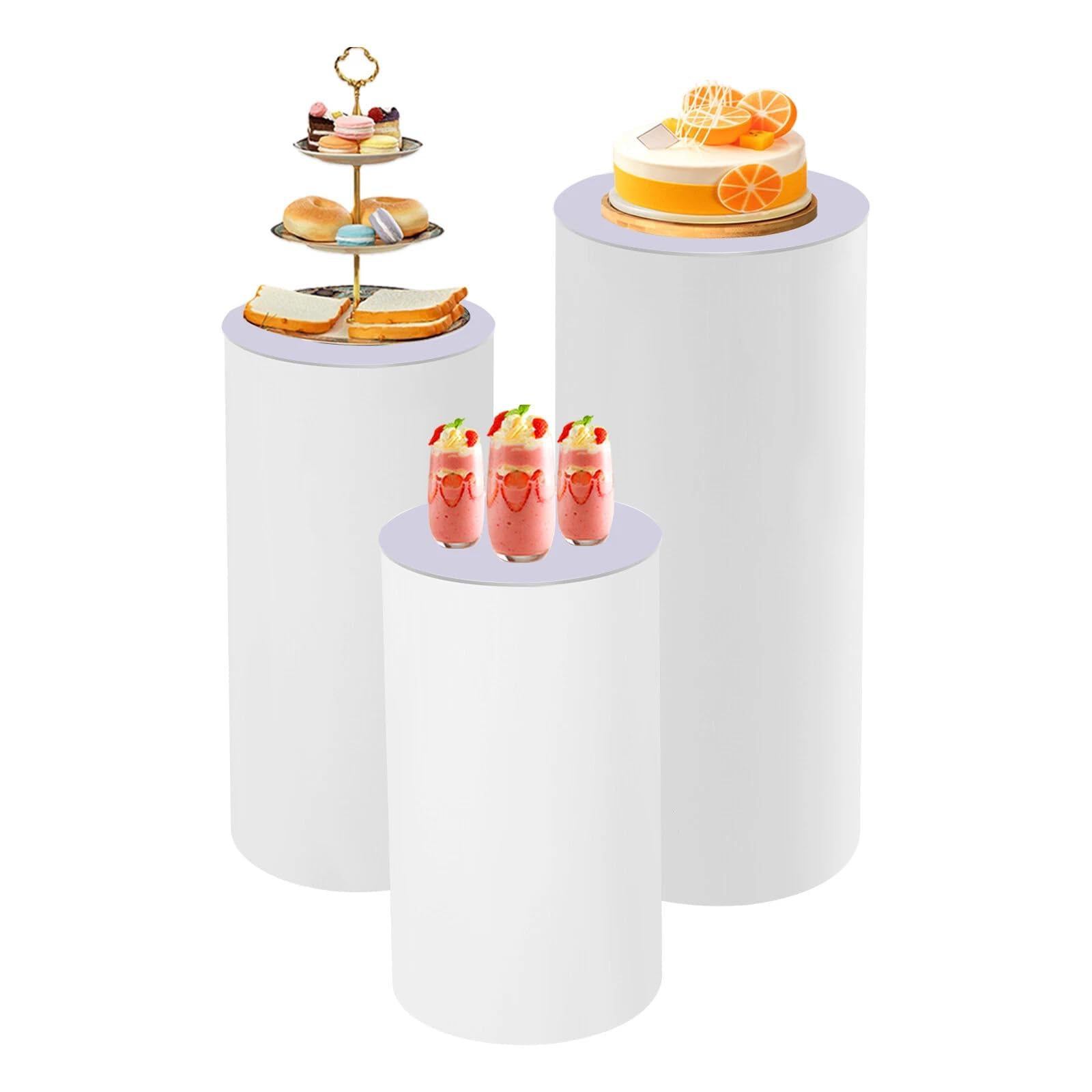 Set di 3 piedistalli cilindrici in PVC bianco e acrilico, robusto supporto per torta nuziale, durevole, impilabile, grande portata fino a 29 kg, ideale per matrimoni, feste ed eventi