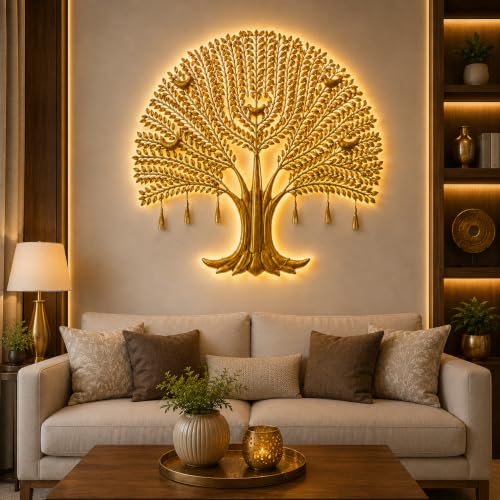 Image of Bharat Art IRON CUCUMBER LED TREE Metal Wall Decor | Luxury Golden Tree Wall Art with LED Light | Modern Iron Wall Hanging for Living Room Bedroom Hall Office Home Decoration | 48x3x48 | CW391