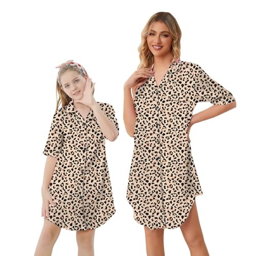 Image of Schbbbta Girls & Women Silk Nightgown, Short Sleeve Button Down Satin Nightshirt Pajama House Dress, 3 Years- Women 2XL