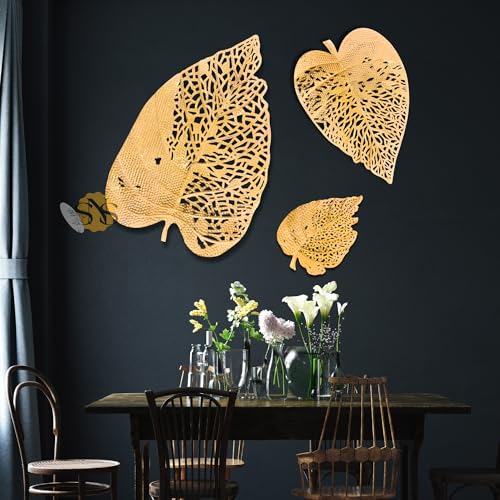 Image of SNS DECOR Luxury Metal Abstract Figures Leaf Wallart Set of 3 Handcrafted Wall Sculpture Wall Art Multicolor For Home Decoration (Shiny Golden)
