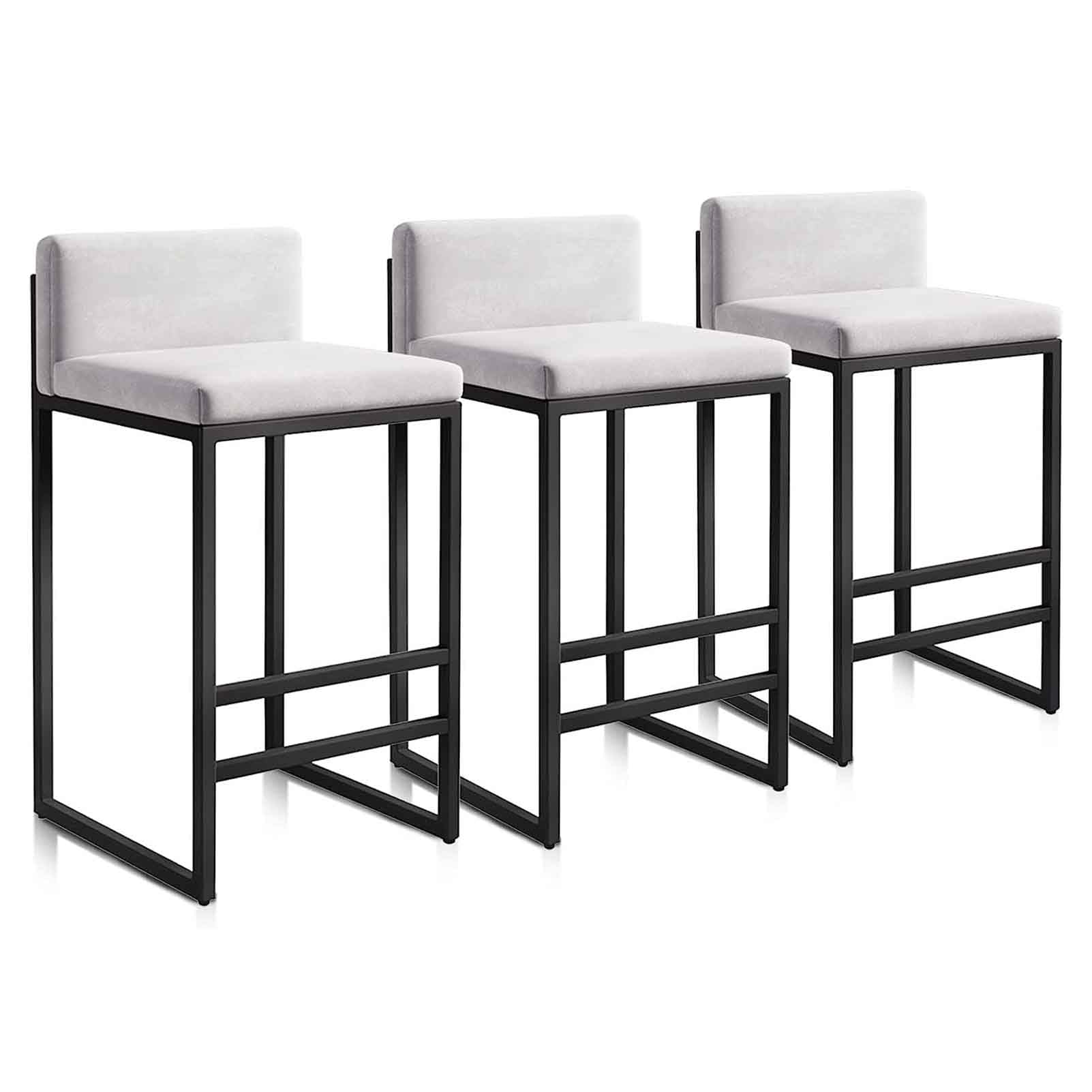Modern Velvet Bar Stools Set of 3 with Backrest Black Metal Frame 150kg Load Capacity White Counter Height Kitchen Barstools