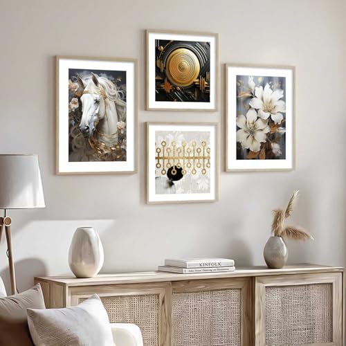 Image of kotart Premium Golden and Black Horse Paintings with Frame for Home Decoration - Modern Art Painting for Living Room Bedroom Office Wall Decoration - Pack of 4 (Art 6, Big (13x17 or 13x13 inch))