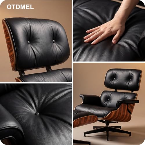 Image of Luxury Top Black Grain Leather Mid Century Chaise Lounge Chair with Ottoman, Premium Handcrafted Rosewood, Ergonomic Modern Accent Chair for Living Room Office