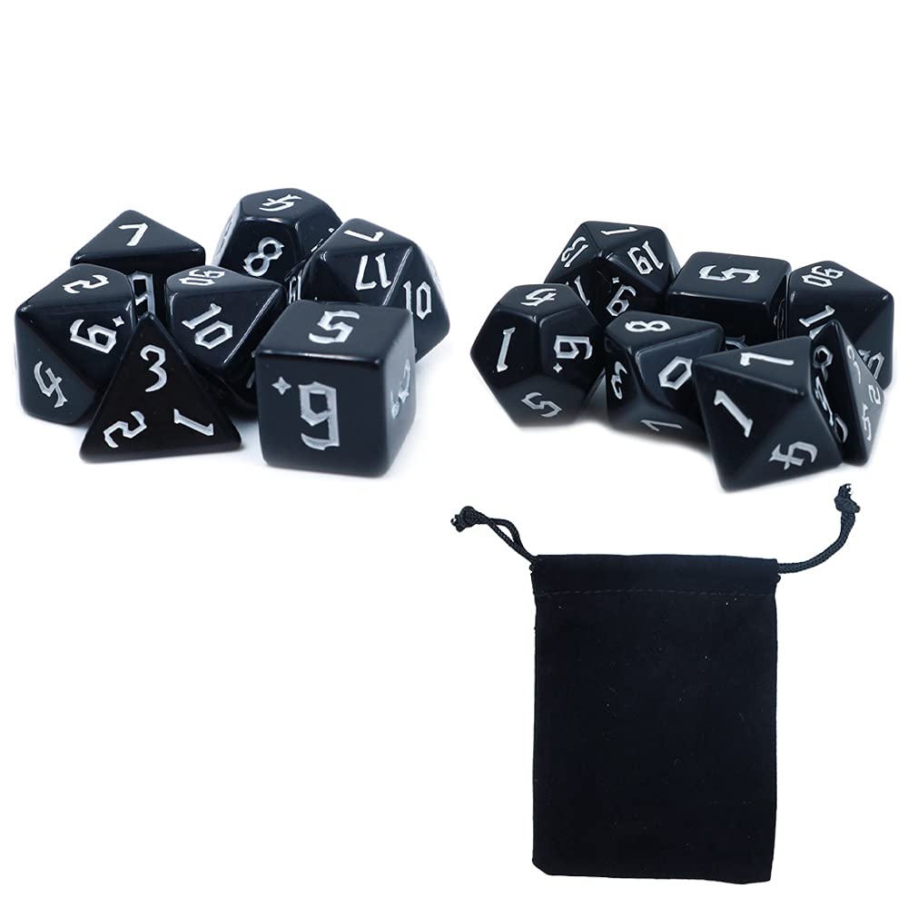 DollaTek 2 Sets Black Dice Polyhedral 7-Die Dice Set Compatible with Dungeons and Dragons DND Role Playing White Pattern