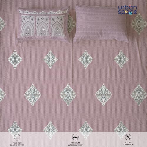 Image of Urban Space Regal 300 TC 100% Cotton Bedsheet for Double Bed, Panel Design Bedsheet, Printed Queen Size Bed Sheet with 2 Pillow Covers (90 x 108 Inches, Jharokha Mauve)
