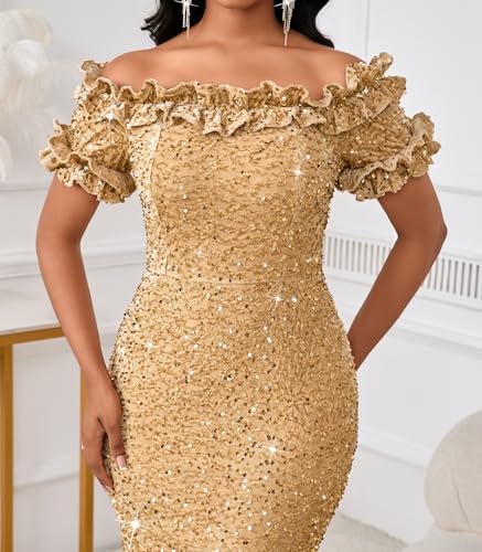 Image of dasmzper Women Sexy Sequin Off Shoulder Ruffle Short Sleeve Bodycon Mermaid Party Formal Evening Maxi Dress