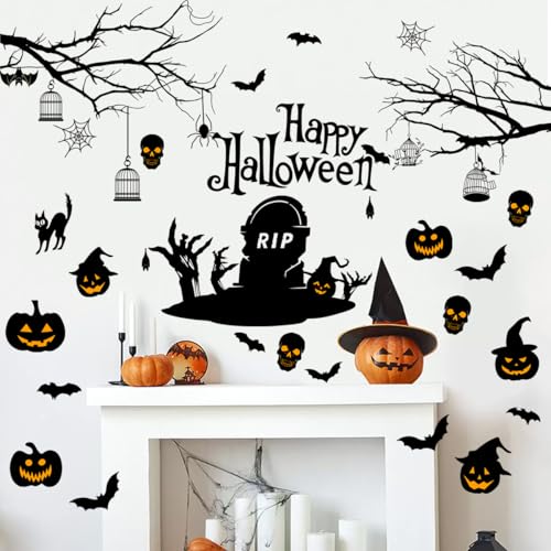 Happy Halloween Wall Decals DIY Black Tree Branches Bat Wall Stickers Funny Boo Pumpkin PVC Home Decal Self-Adhesive Festival Decoration for Holiday Home Party Classroom Office