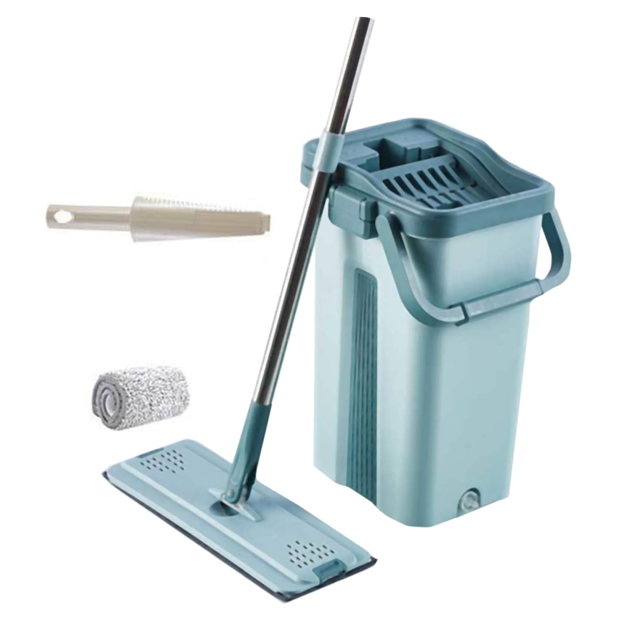 Trapeador sin Lavado de Microfibra Verde Mango Integrado | Juego de Limpieza, Cubo de Fregona Incluido, Acero Inoxidable y Plástico, Uso en Hogar