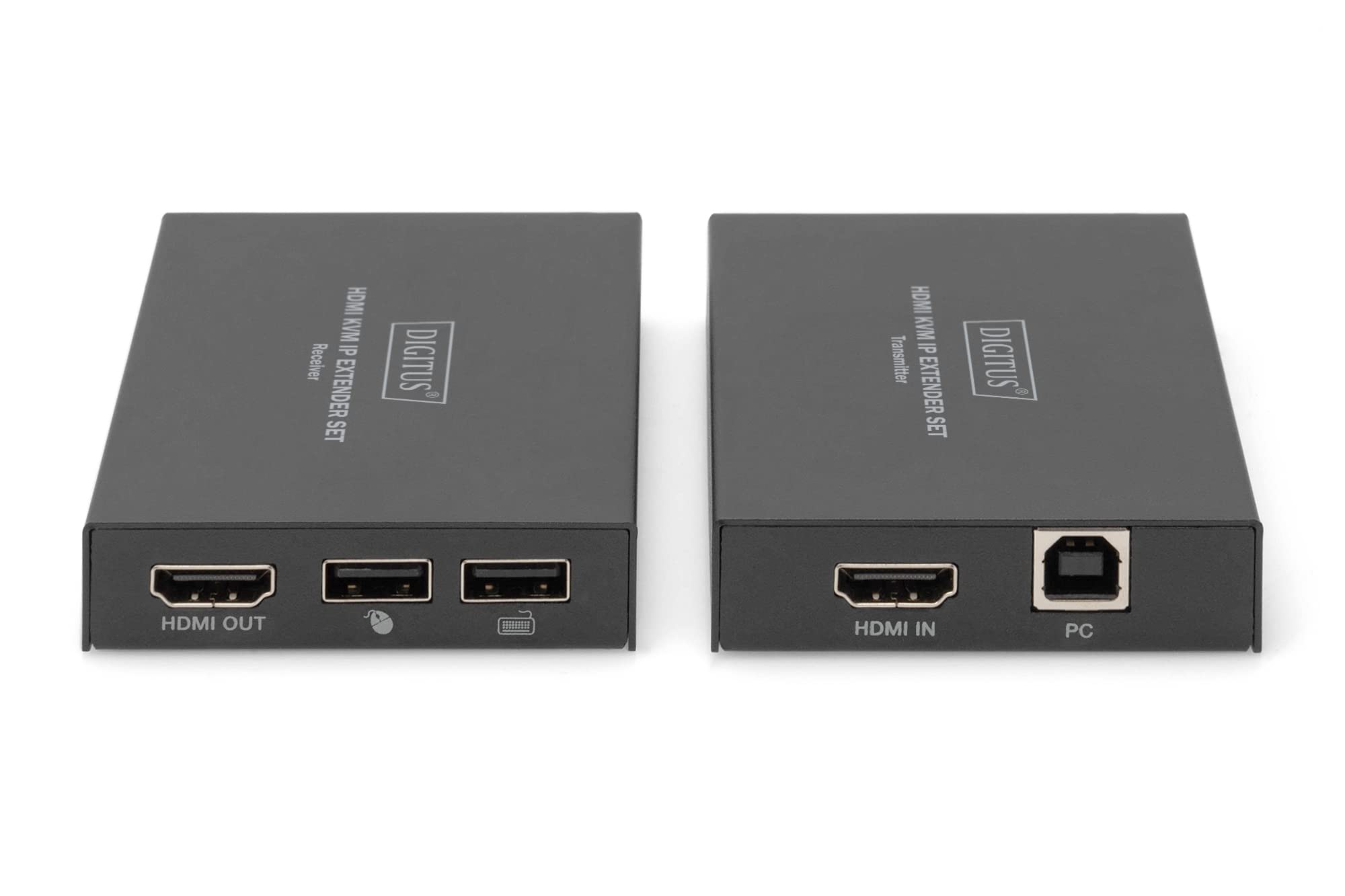 DIGITUS HDMI KVM IP Extender Set | bis 150 m Reichweite – USB 1.1, HDMI 1.4, HDCP 1.4 – Anschluss von Maus und Tastatur – Patchkabel ab CAT 5e