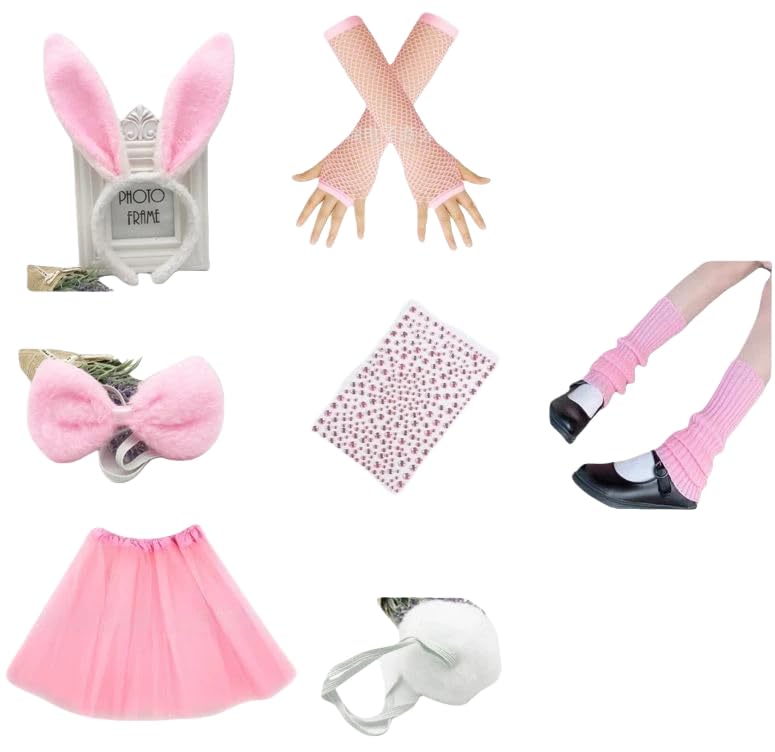 MAXMURYS Disfraz de conejo para mujer, conjunto con orejas, cola, guantes y más, ideal para Halloween, fiestas temáticas y carnavales, diseño clásico en blanco y rosa