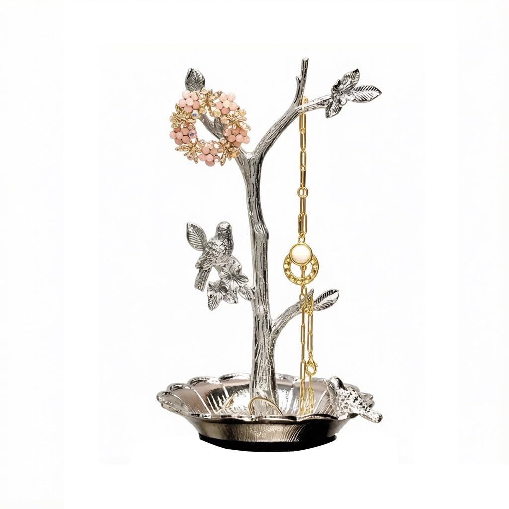 FAJNUZI2024 Jewellery Display Stand Vintage Floral Bird Tree-Design Jewelry Stand with Tray Vanity Organizer