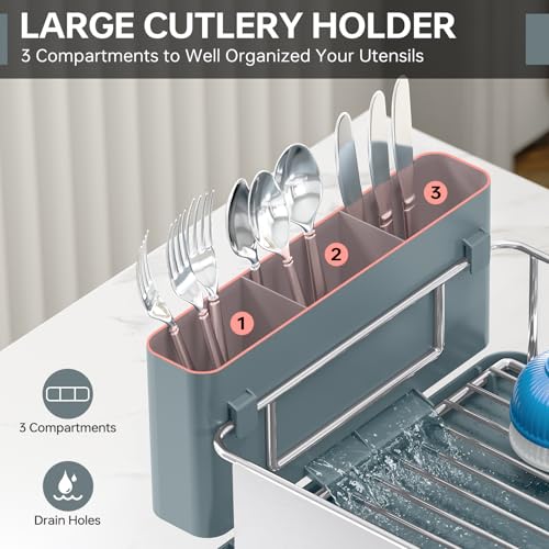 Image of Stainless Steel Dish Drying Rack - Large Capcity 304 Grade Dish Drainer for Kitchen Counter with Drain Board, Utensil Holder & Detachable Cup Shelf, Rustproof Multifunctional Organizer, Pale Blue
