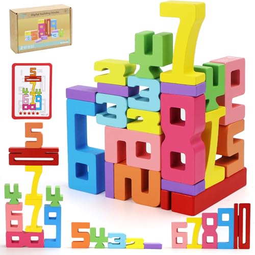 NCTNCX Number Blocks 20 Stück Zahlenbausteine 1-10 Bausteine Holz Spiel Bunt Stapelzahlen Zahlenblock Spielzeug Montessori Zahlenblocks für Kinder ab 3 Jahren