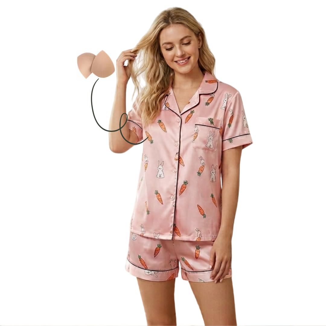 nohook Pink Bunny & Carrot Print Korean Style Chest Padded Nightsuit for Women | in-Built Bra Pads | Half Sleeve Button-Down Shirt & Shorts Sleepwear Set-picture-13