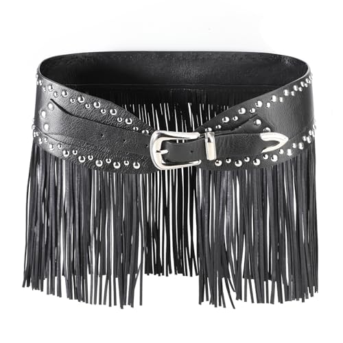XGOPTS Women Black Fringe Belt Tassel Skirt Faux Leather Waistband Fringe Tassel Skirt Body Harness Chain Wrap Rave Clubwear