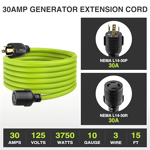 Image of Nilight 15FT 30Amp Generator Extension Cord 125V Heavy Duty 10 /3 Gauge Pure Copper STW Wire UL ETL Listed 4 Prong L14-30P L14-30R Weatherproof Suit for Camper Outdoor Use Bright Green