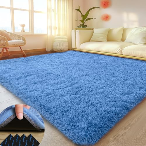 5x7 Rugs for Living Room, Blue Large Fluffy Area Rugs for Bedroom, Soft Carpet Shag Kids Rug with 4 Non-Slip Rug Pads (Blue, 5ft x 7ft)