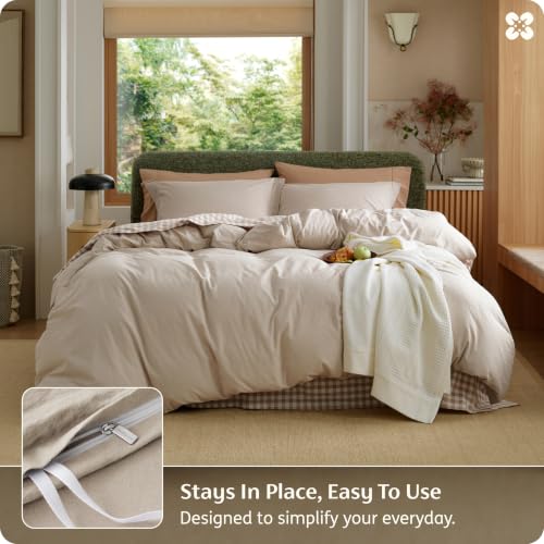 Image of Bedsure 100% Washed Cotton Duvet Cover Super Queen Size - Oatmeal Minimalist Bedding Set Linen Like - PureWoven Plain Simple & Soft Comforter Cover for All Seasons (Oatmeal, Super Queen, 90 inchx98 inch)