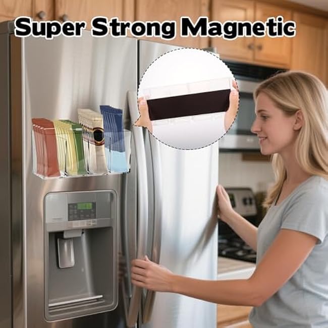 Rainmae Drink Packet Organizer, Clear Acrylic Water Drink Packet Holder Magnetic Tea Bag Organizer Water Flavor Storage Container with Magnet Adhesive Tape for Kitchen Cabinet Pantry Organization