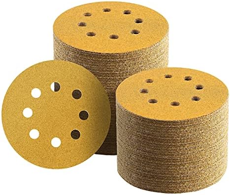 100 Pcs 5 Inch Sanding Discs Hook and Loop, 60 Grit Sandpaper for Woodworking or Automotive, 8 Hole Gold Premium Dustless Random Orbit Sandpaper