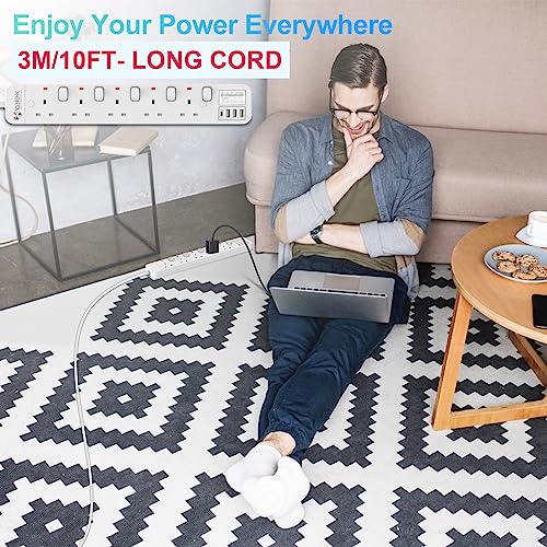 VANENIK Extension Lead with USB C 3M Surge Protector Power Strip with 4 USB Ports - Image 2