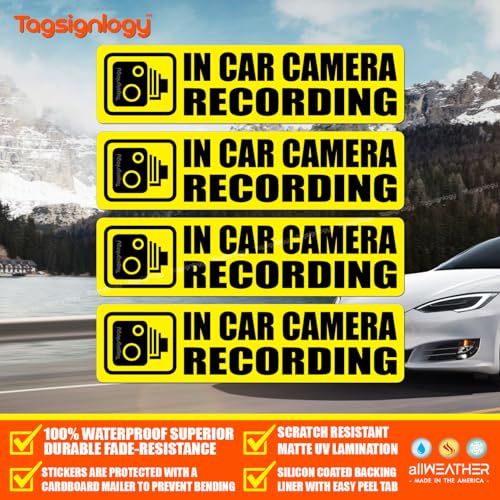 Image of (Pack of 4) in-Car Camera Recording Sticker - Dash Cam on Board Video Security Label, Baby, Passenger, and Driver Safety, Deter Car Break-Ins Window Bumper Weatherproof Decal (Yellow)