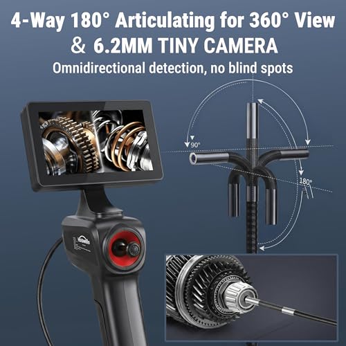 Cámara Endoscópica Flexible Articulada 360° con Pantalla IPS de 5", 1080P HD, Cable Semi-rígido de 4.9FT, Impermeable IP67 con 6 Luces para Automotriz y Plomería miniatura 2