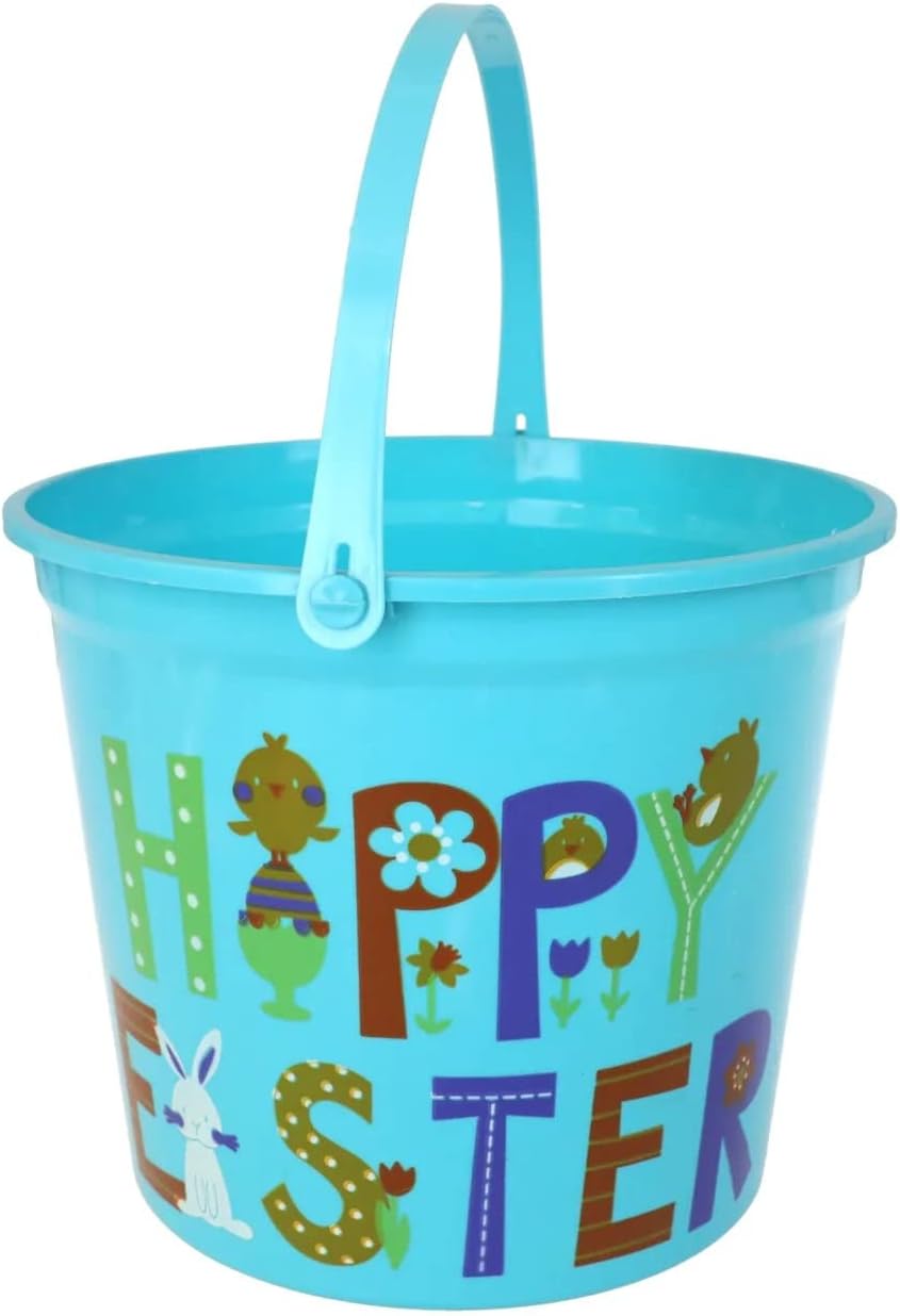 Large Happy Easter Plastic Easter Pails, 9.45in. Blue and