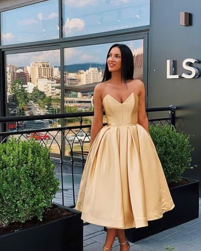 Image of Women's A Line Strapless Backless Prom Dress, Sleeveless Sweetheart Neck Satin Homecoming Dresses