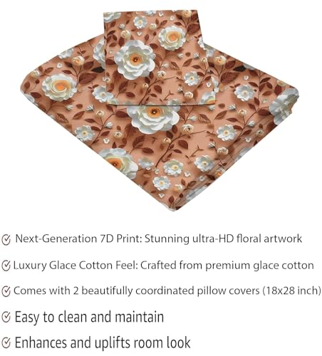 Image of 210TC Cotton Feel Super Soft Fabric 7D Print Elastic Fitted Bedsheets King Size, Premium Fitted Bedsheets King Size for Double Bed with 2 Pillow Covers, Size- 78 inch x 72 inch (Brown-7D)