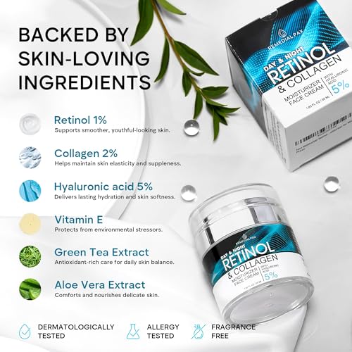 Image of Face Moisturizer Retinol Cream, Anti Aging Neck Firming, [2Pack] Collagen Day & Night Face Cream with Hyaluronic Acid for Women & Men, 3.7 Fl Oz