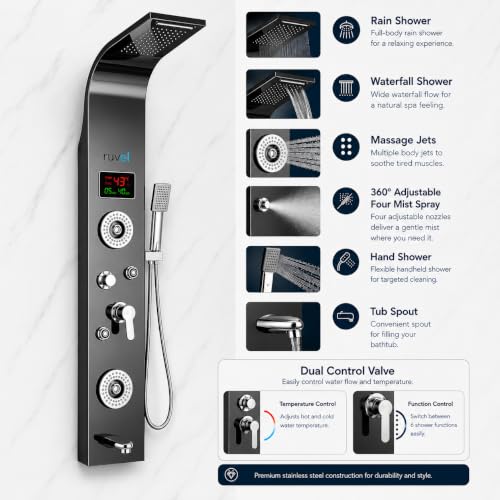 Image of RUVEL Shower Panel - Sayflow with 7-in-1 Hydro Powered LED Display, Rainfall Shower Head, Waterfall Shower, Dual Body Massage Jets, 360 Adjustable Mist Spray, Handheld Shower, Tub Spout