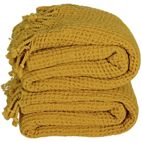 Pack of 2 Thin Bath Towels Lightweight Quick Dry - Originally Turkish Waffle Towels for Hammam, Spa, Beach - Premium Cotton Waffle Weave Towels (Mustard Yellow) Cover