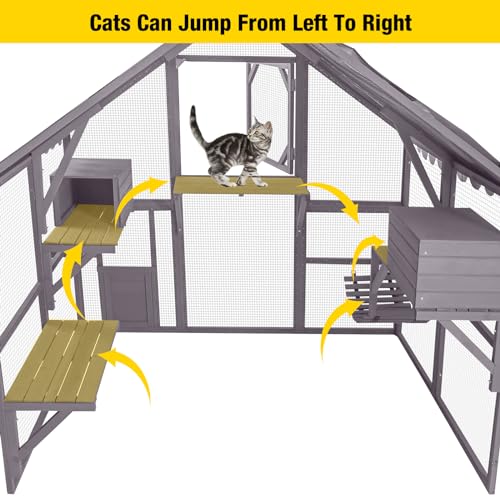 Image of Aivituvin Catio Outdoor Cat Enclosure Large Cat Run with Bridges, Walks, Small Houses, Roof Cover 28.27 ft