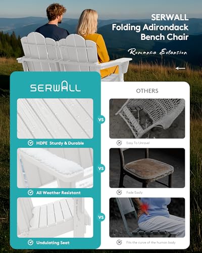 Image of SERWALL Folding Adirondack Bench Set of 2, HDPE All-Weather Adirondack Loveseat, Folding Outdoor Bench, White
