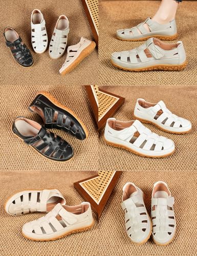 MOYOWEI Women's Summer Leather Fisherman Sandals,Comfort Closed Toe Hollow Arch Support Adjustable Beach Flat Walking Shoes3