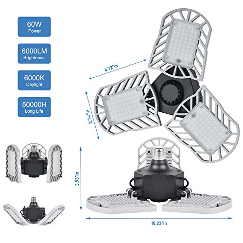 LED Garage Light Deformable Ceiling Lmap,Hansang 60W E26 Base Screw in Garage Light 6000K Daylight 6000LM LED Shop Light Bulbs 3 Adjustable Die-Casting Aluminum Panels 2 Pack(NO Motion Activated)