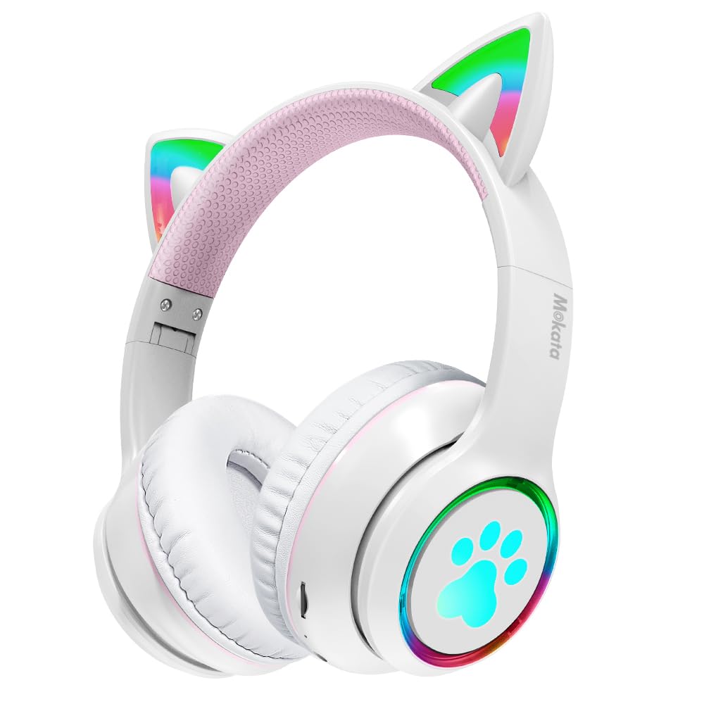 Mokata Gaming Bluetooth 5.0 Wireless Headphones Over Ear Cat Led Light Foldable Music Headset with Aux 3.5mm Microphone (Built-in) for Adult & Kids PC