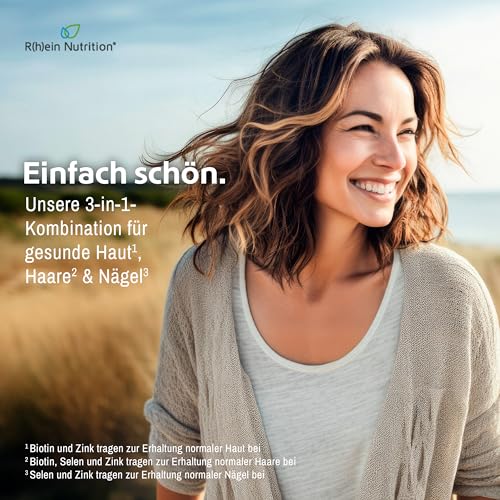 Biotin Hochdosiert + Zink + Selen Kapseln - Haut Haare Nägel Kapseln - 120 Kapseln 4 Monate Vorrat - Haar Vitamine - Vegan Ohne Zusätze in Deutschland hergestellt - Rhein Nutrition