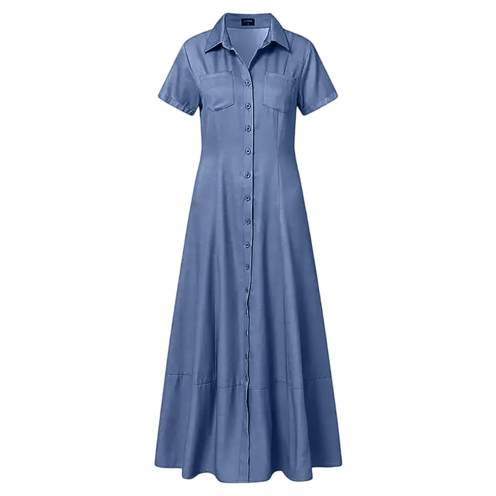 Jeanskleid Damen Lang Kurzarm Hemdkleid Mit Knopfleiste Sommerkleid A Linie Kleider Maxi Jeans Kleid Sommer Blusenkleid Elegant V Ausschnitt Maxikleid Denim Sommerkleider Frauen Leicht Luftig
